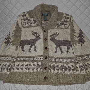 Lauren Ralph Lauren SZ P/L  Women Tan Deer Handwoven Button Down Wool  Sweater
